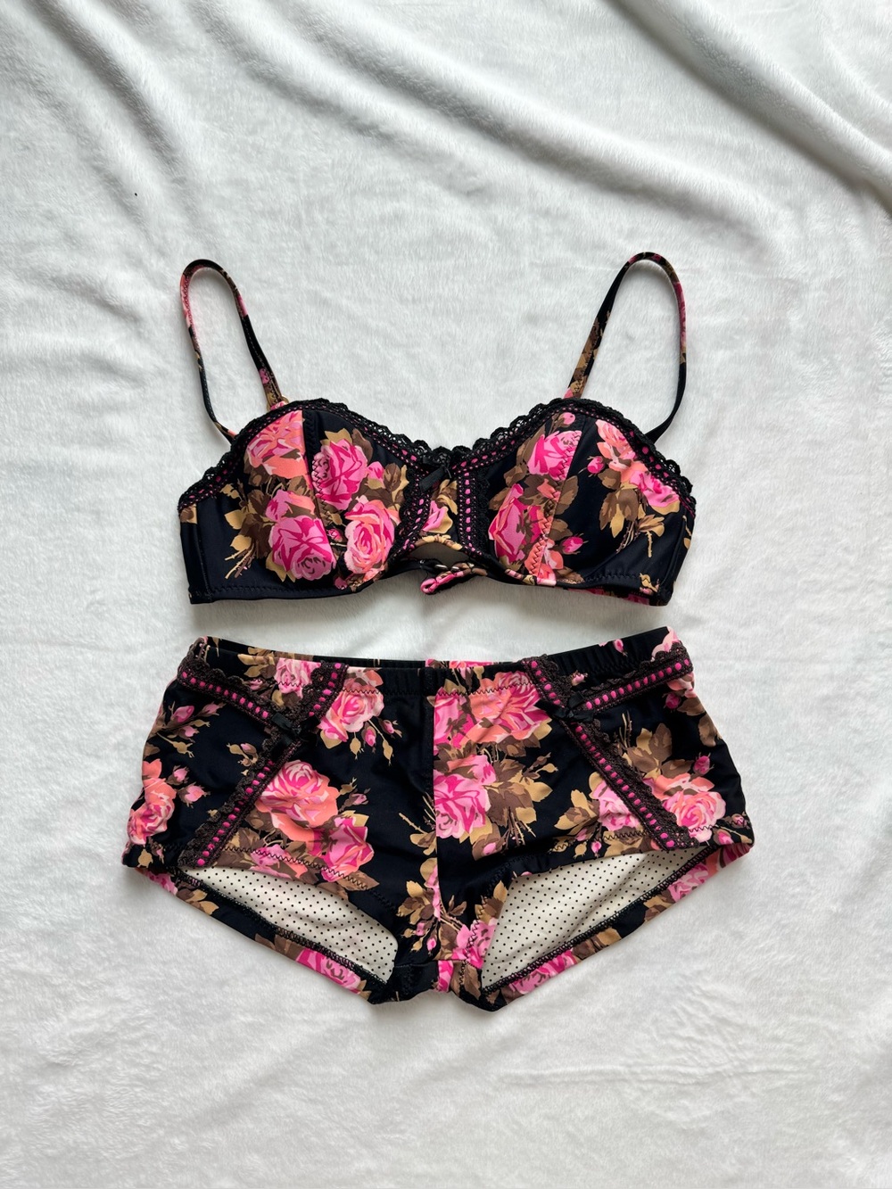 Vintage Betsey Johnson Wired Bikini & Boyshort Set with Pink Floral Print